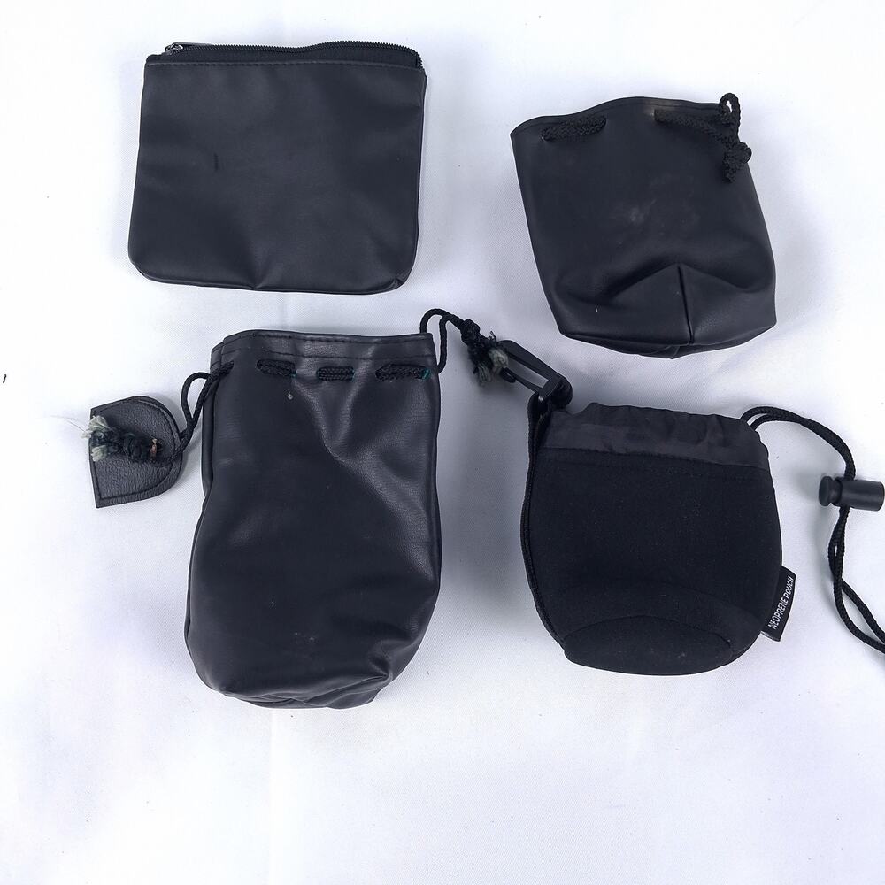 Mixed Lot 4 Black Pouches Zippered Drawstring Faux Leather Neoprene Bags